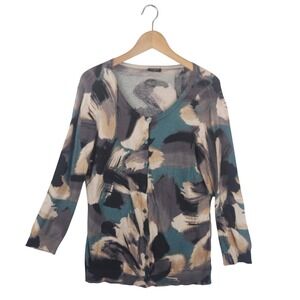 Ann Taylor Cardigan Sweater Abstract Floral Painterly Blue Grey Button Front